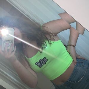 cropped neon green tank top with the Beatles logo